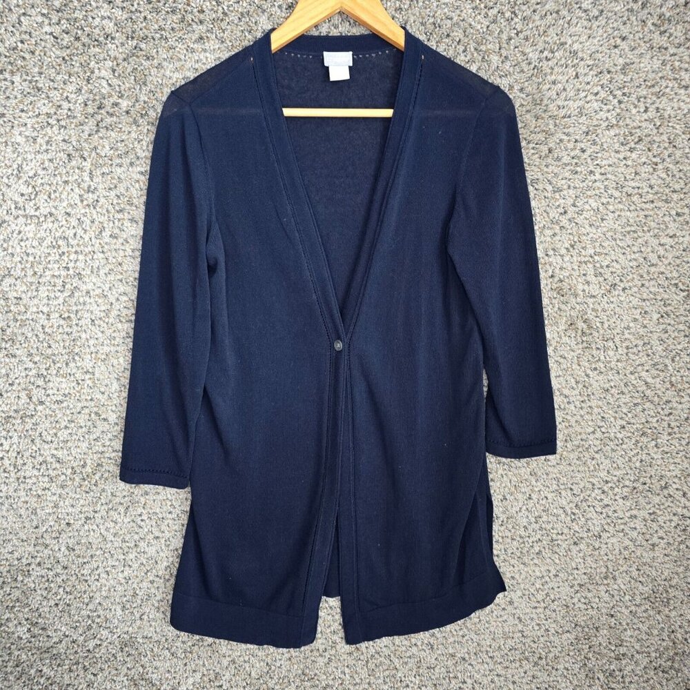 Chicos Cardigan Womens 0 US Small Navy‎ Blue Button Up Knit Cotton Blend Ladies